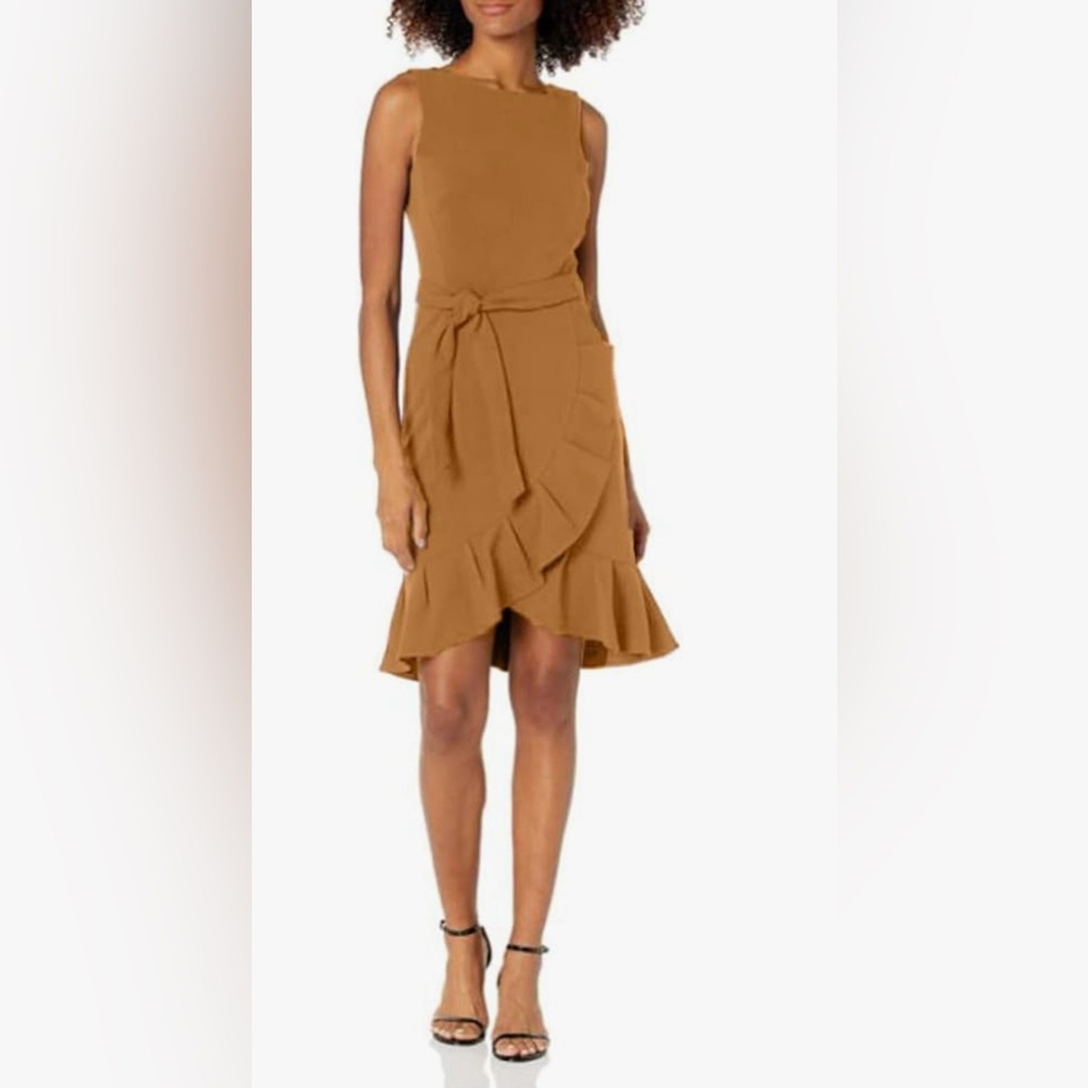NWT Calvin Klein Sleeveless Dress with Self Belt and Ruffle Skirt Hem Luggage